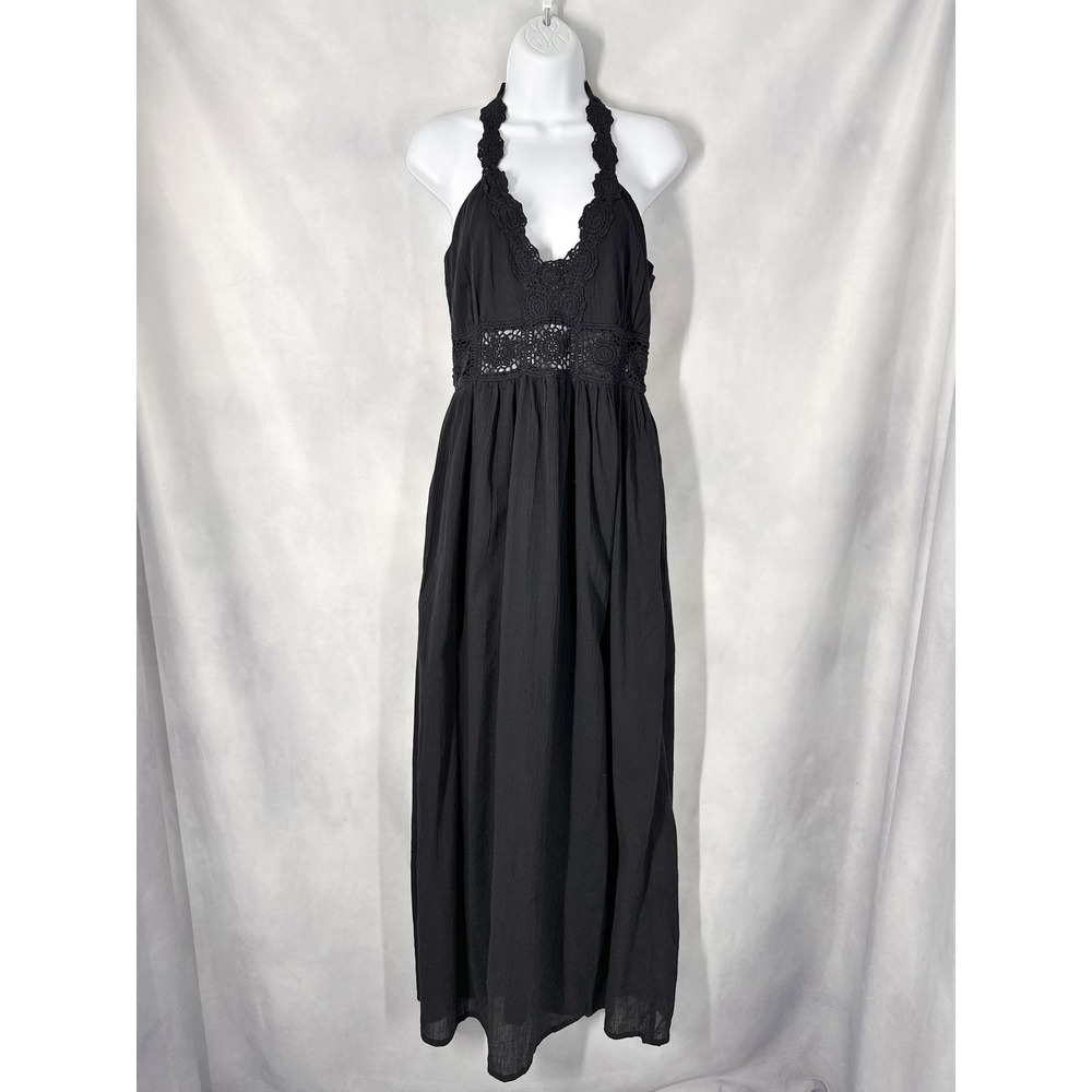Boston Proper Crochet Halter Cotton Sleeveless Black Maxi Dress Womens Size 10